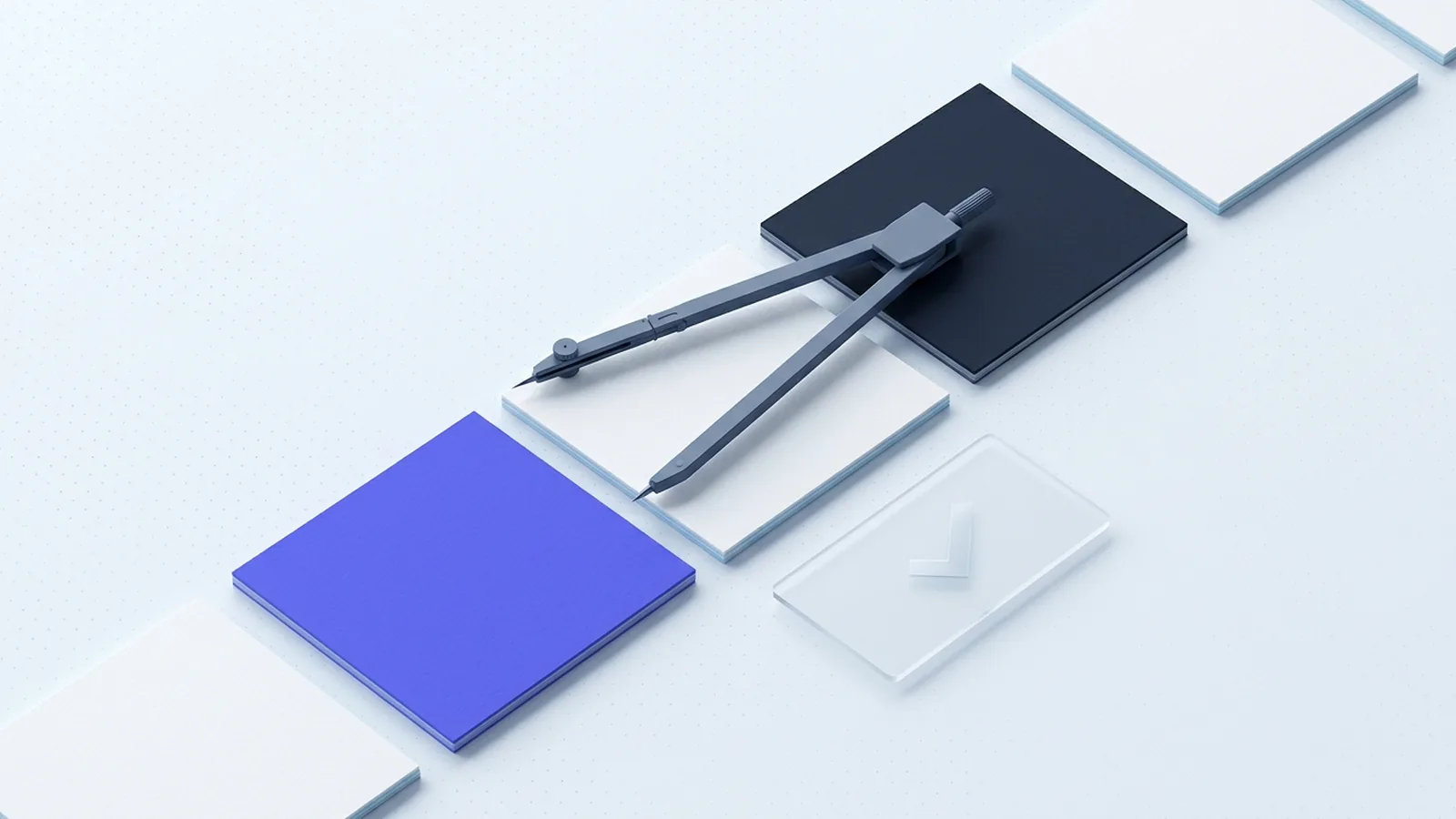 A drawing compass spanning blank calendar tiles on a dot-grid workbench, measuring back from a slate tile to an indigo one beside a frosted check card
