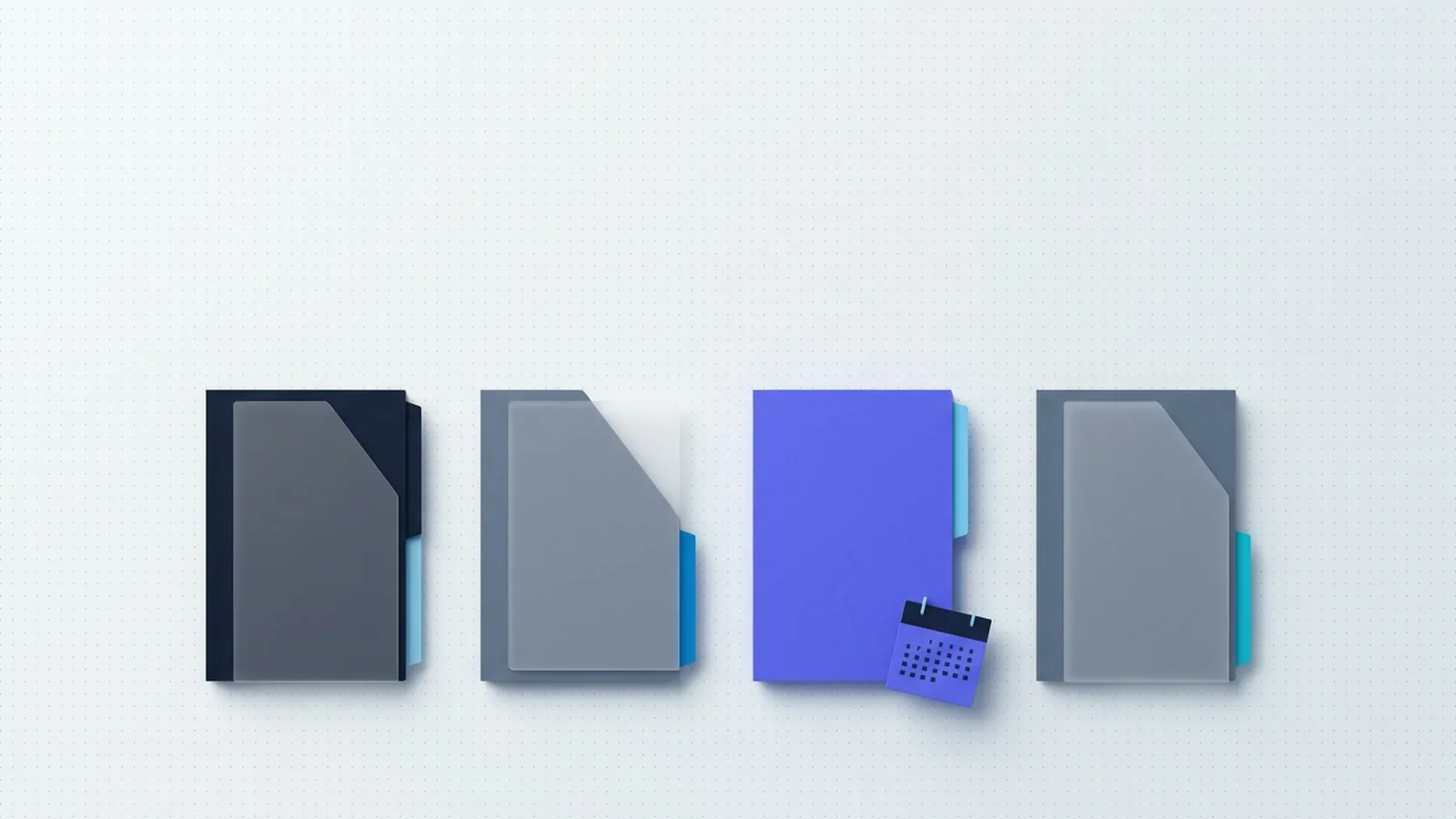 Four slim card-index files in a lineup on a dot-grid canvas, three frosted and one indigo with a calendar tile