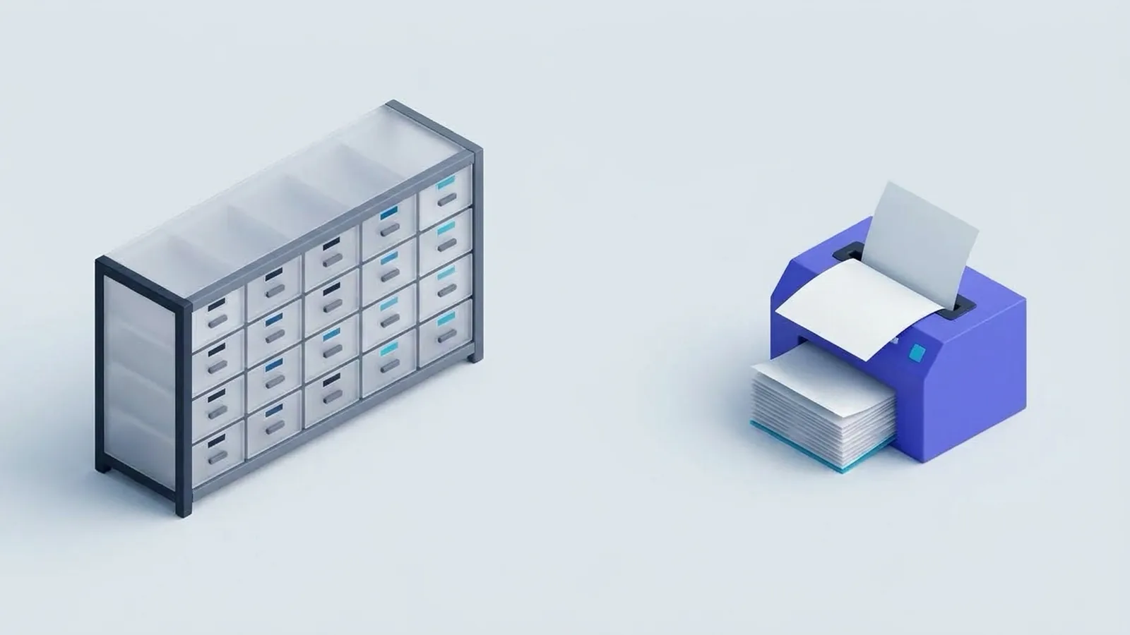 A wide frosted archive cabinet with many drawers beside an indigo machine that files contract sheets automatically